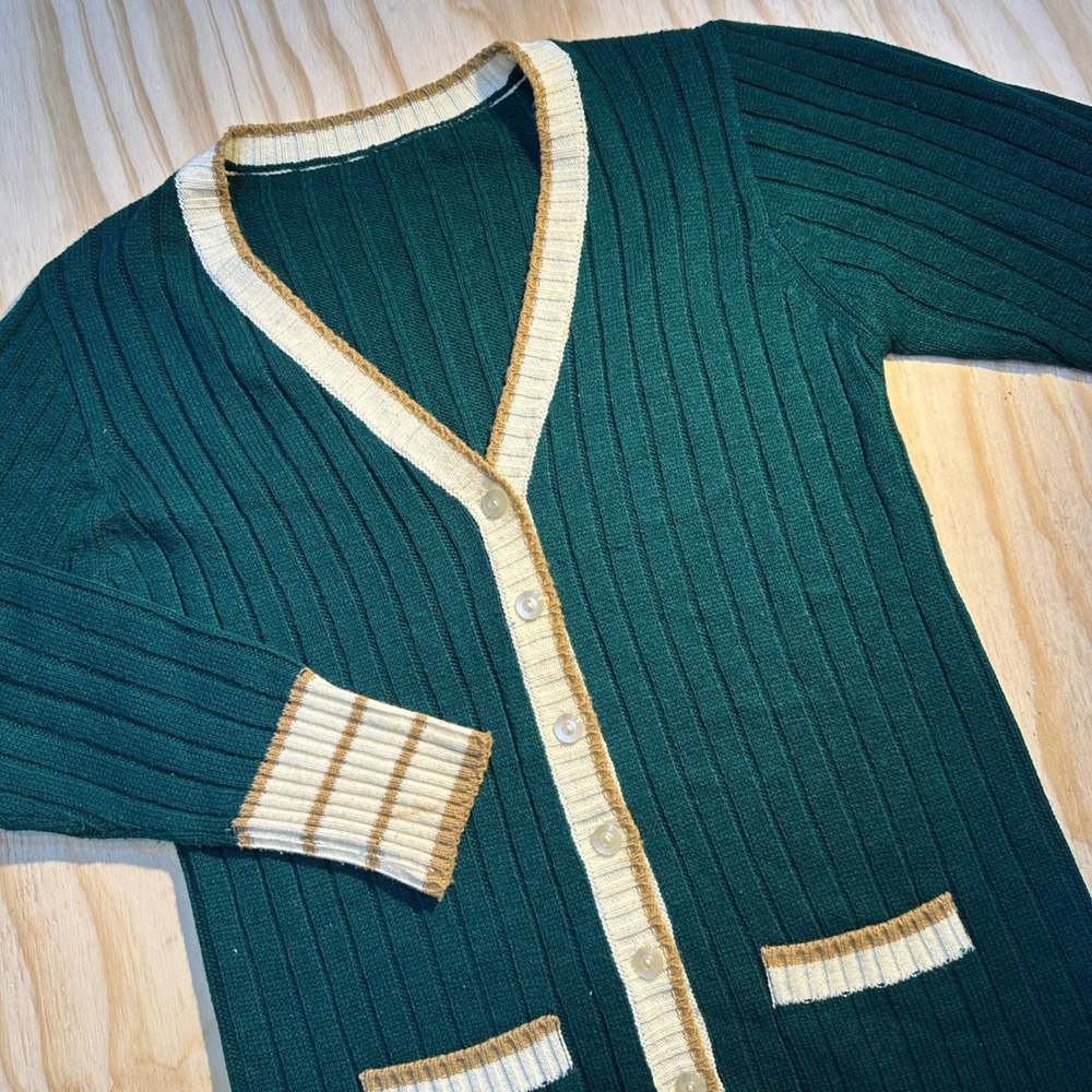 Vintage Green Ribbed Knit Cardigan Gold Metallic Trim Button Front Size M